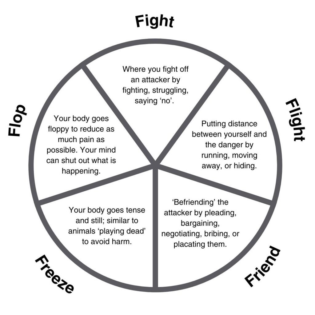 Fight, flight, flop, friend, freeze fear responses