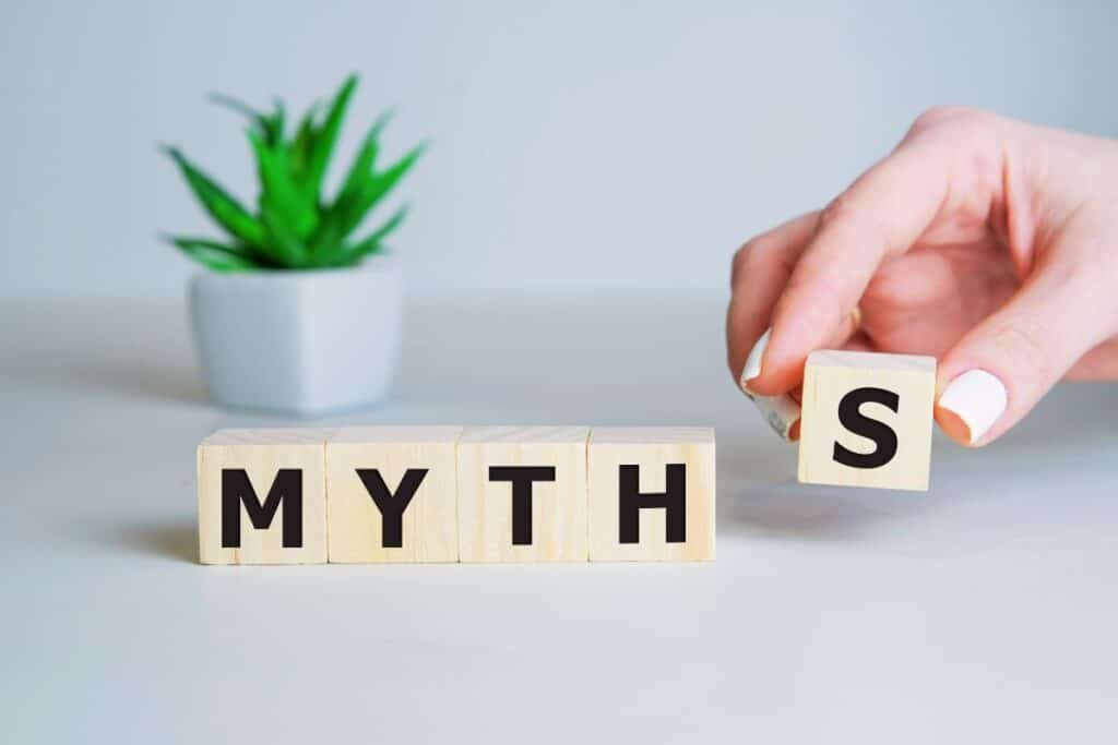 the word myth being spelled out with wooden blocks with a green plant behind
