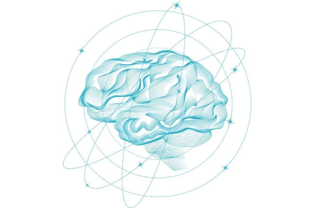 green brain with stars swirling around it on white background