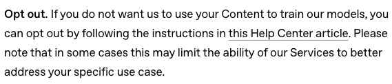 ChatGPT opt out of training AI clause in Terms of Use