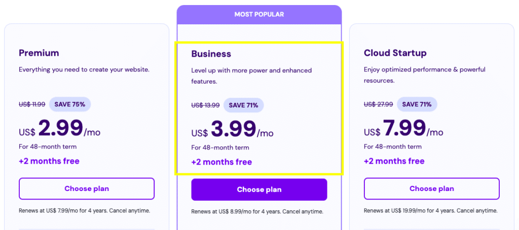 Hostinger pricing grid for WordPress webhosting