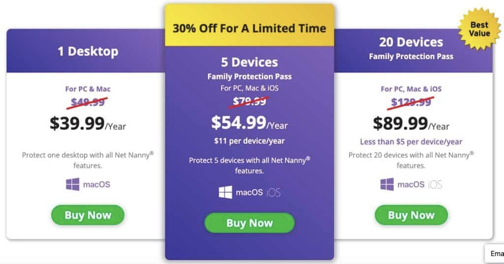 Net Nanny parental control app pricing table