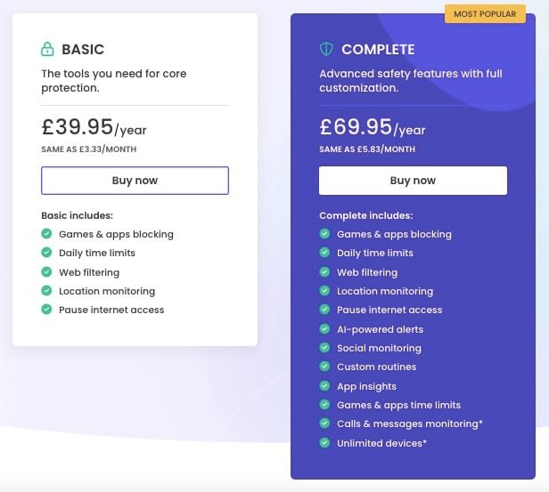Qustodio parental control app pricing table